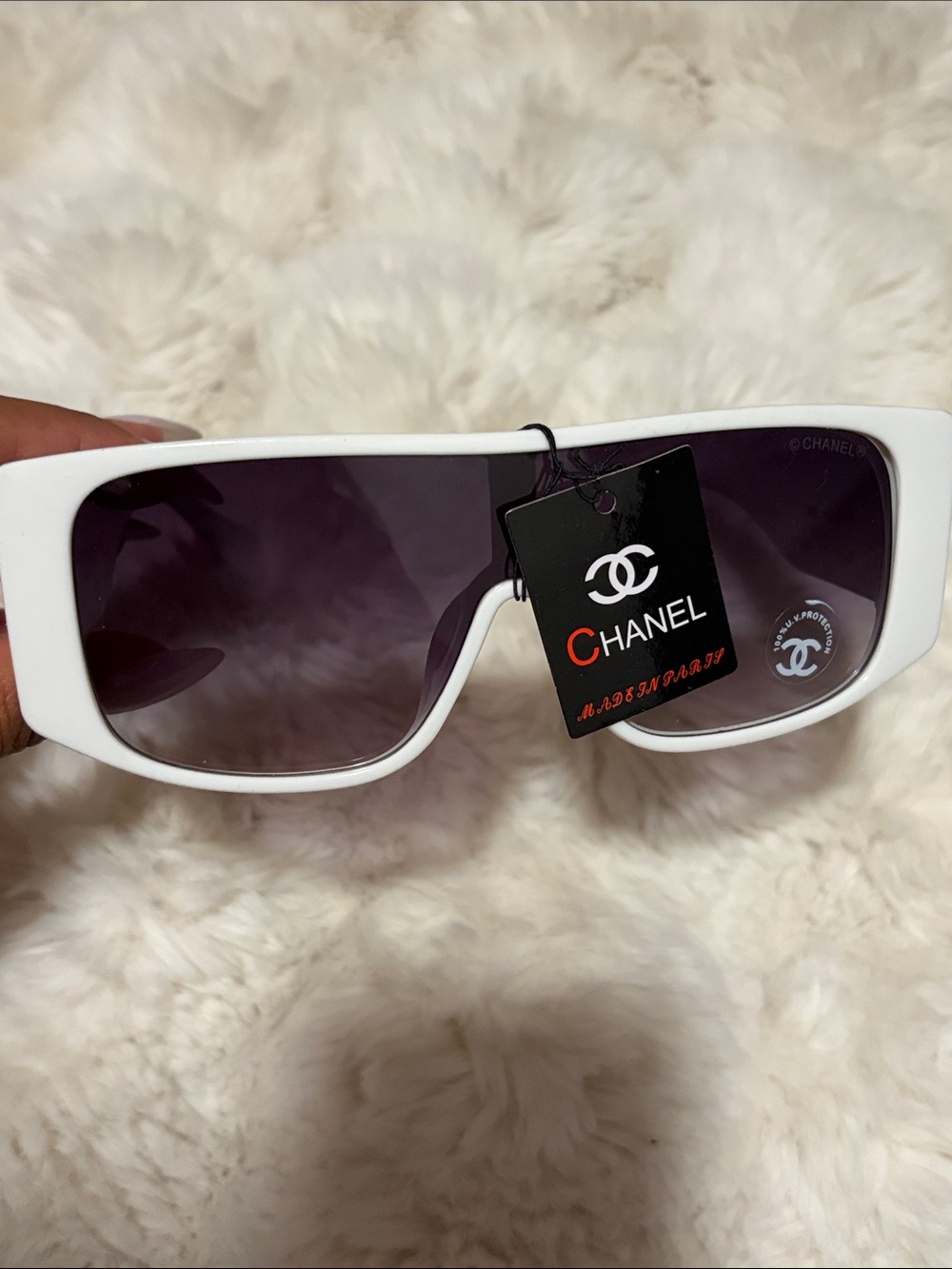 White Rectangular Sunglasses with Purple Gradient Lenses
